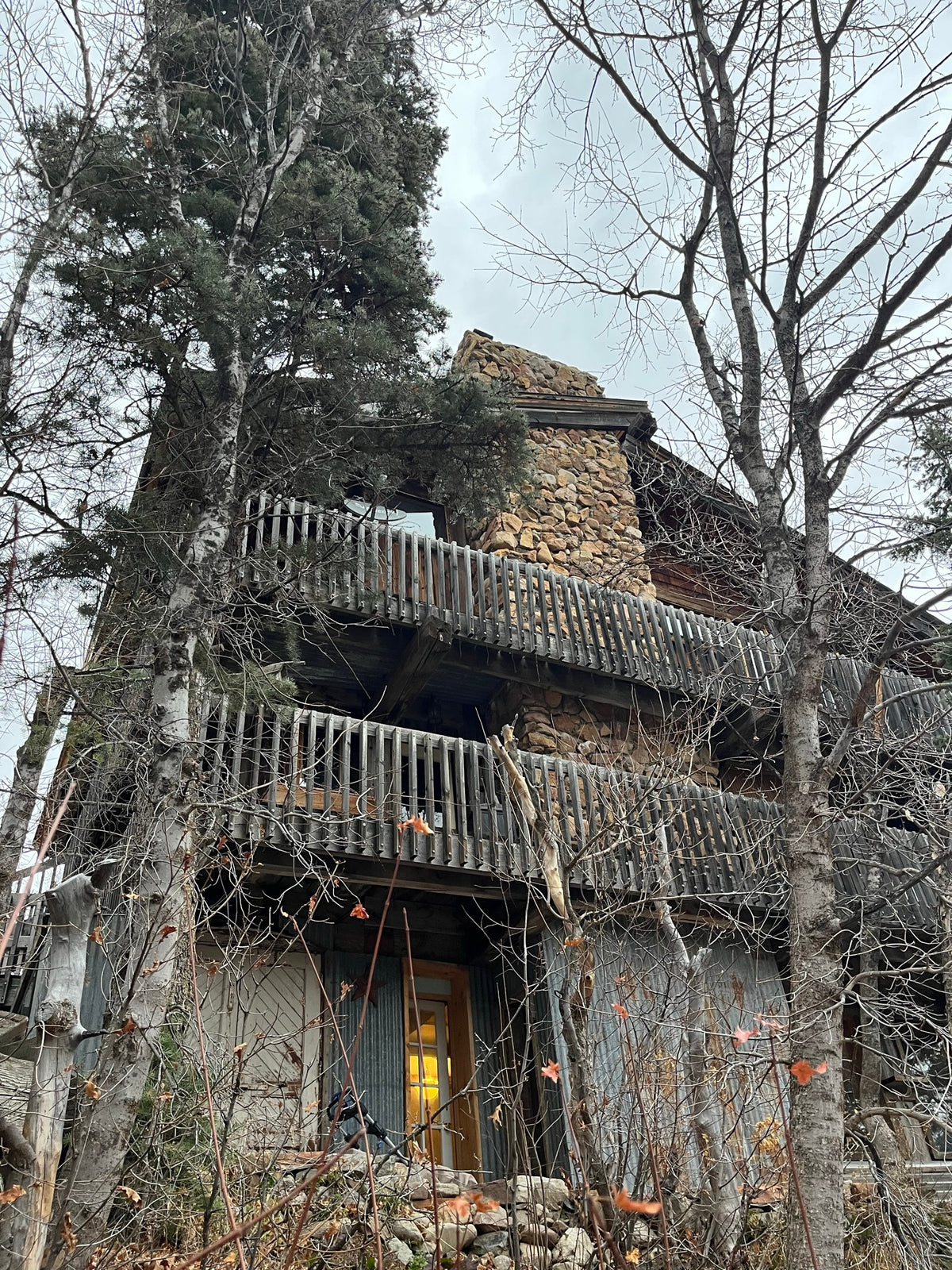 A rustic stone and wood chalet-style house surrounded by tall trees, with wooden balconies and bare winter branches in the foreground.